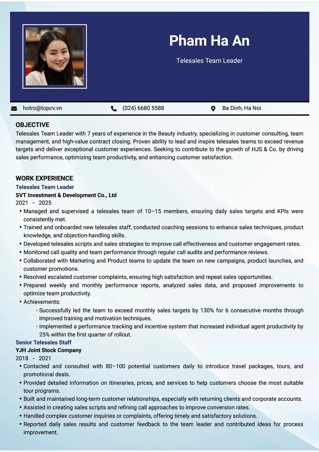 Mẫu CV xin việc Trưởng nhóm Telesales