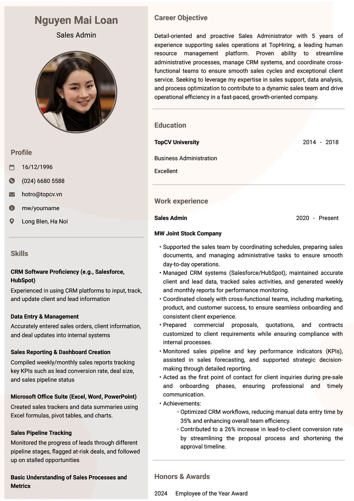Mẫu CV xin việc Sales Admin/Sales Support/Sales Associate
