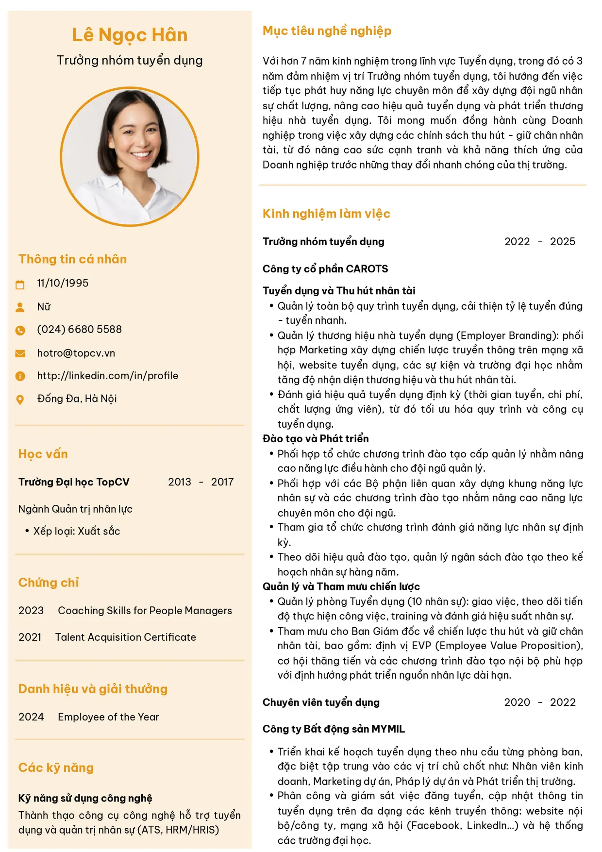 Mẫu CV xin việc Trưởng nhóm tuyển dụng