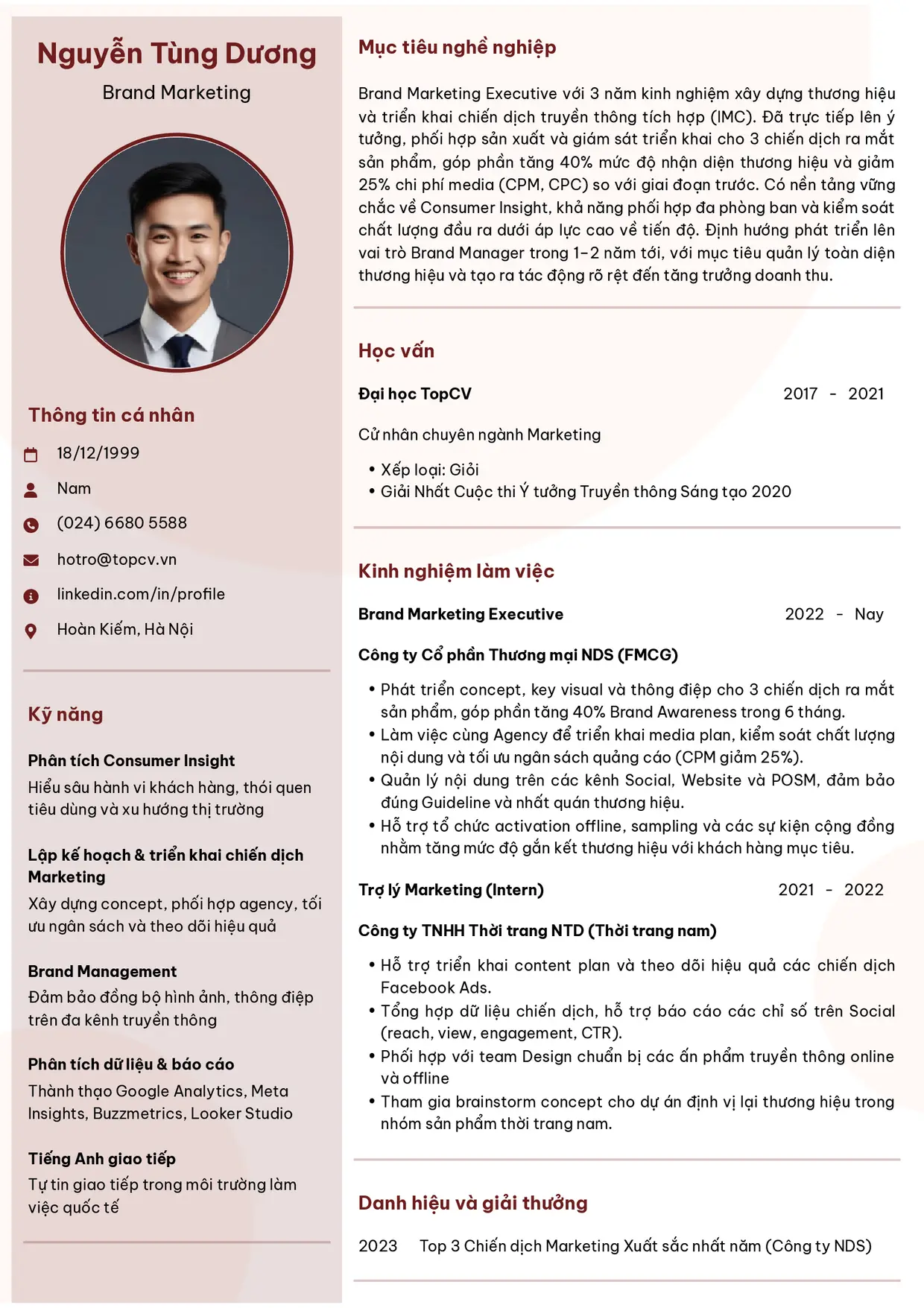 Mẫu CV xin việc Brand Marketing