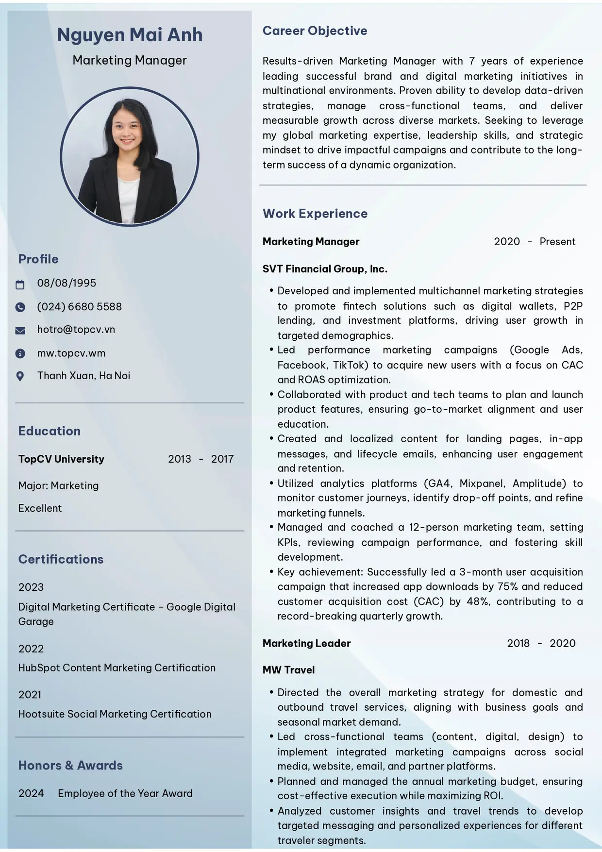 Mẫu CV xin việc Marketing manager/Trưởng phòng Marketing