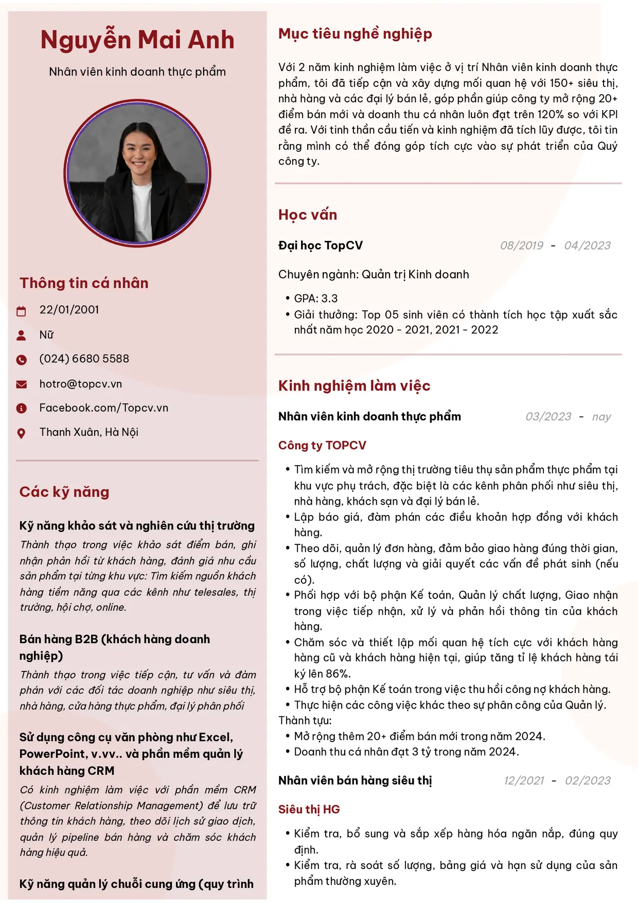 Mẫu CV xin việc Kinh doanh thực phẩm