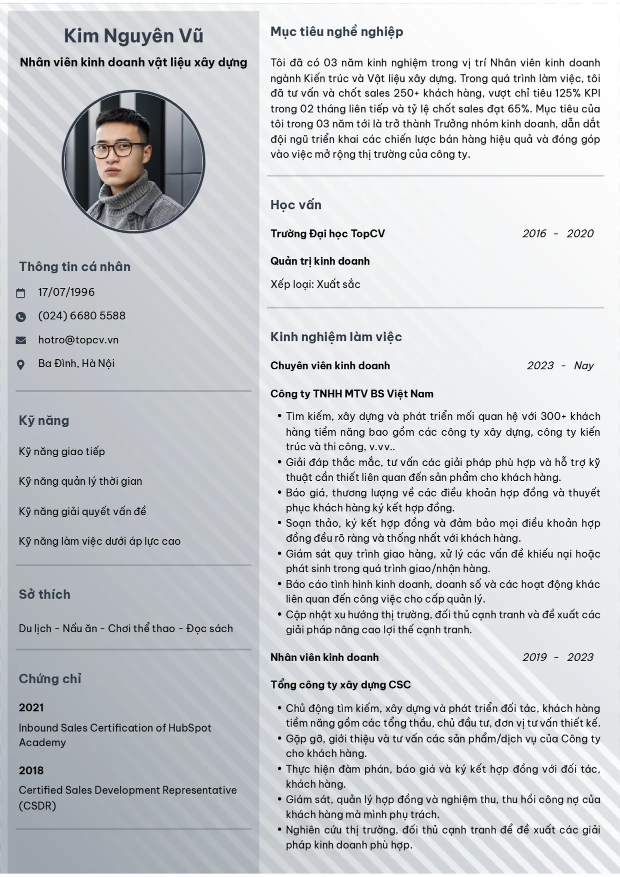 Mẫu CV xin việc Kinh doanh thiết bị/vật liệu xây dựng