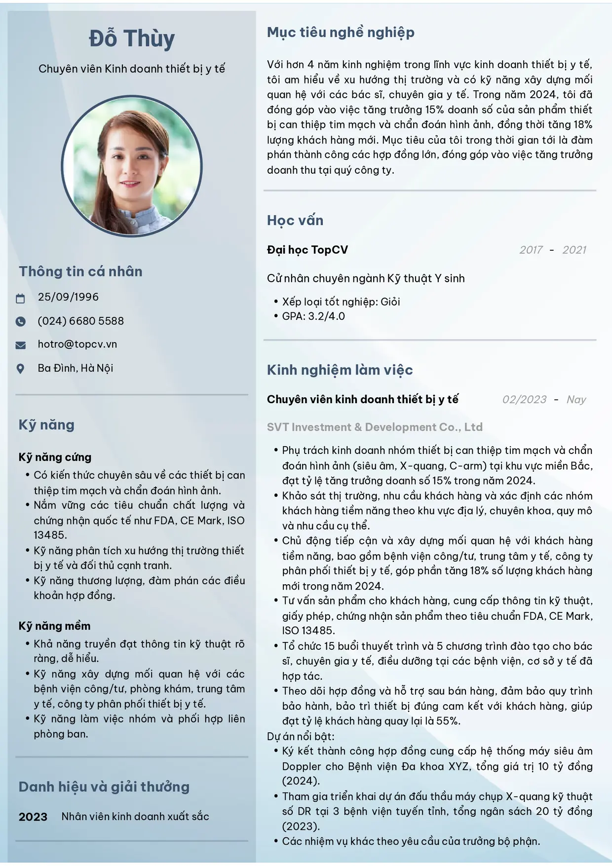 Mẫu CV xin việc Nhân viên kinh doanh thiết bị y tế