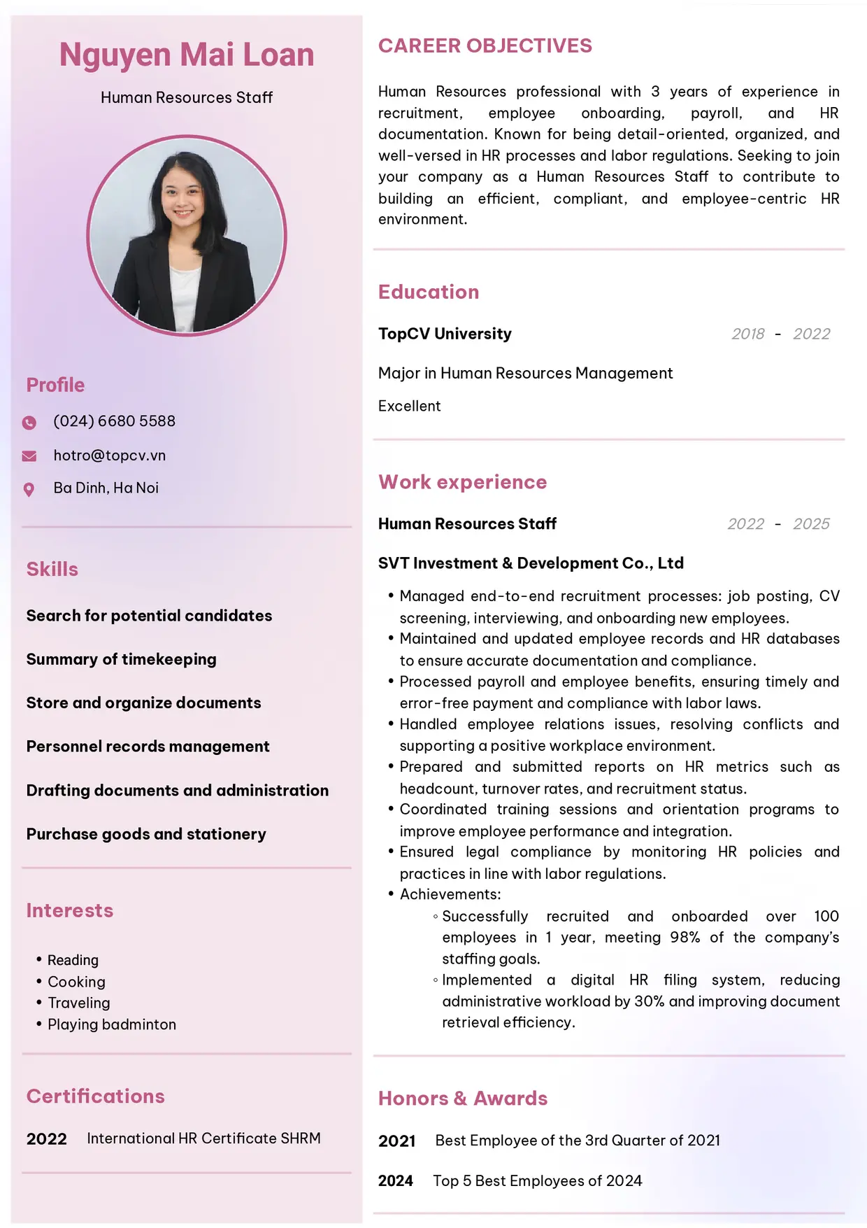 Mẫu CV xin việc Nhân viên hành chính nhân sự