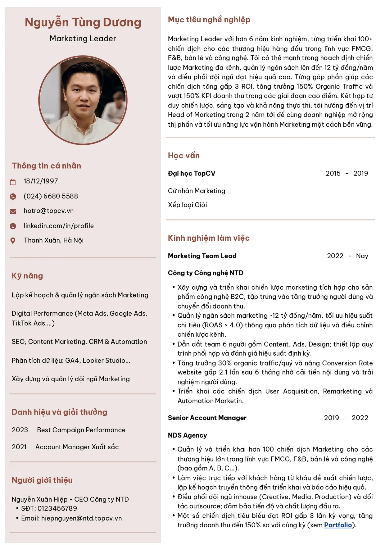 Mẫu CV xin việc Marketing Leader
