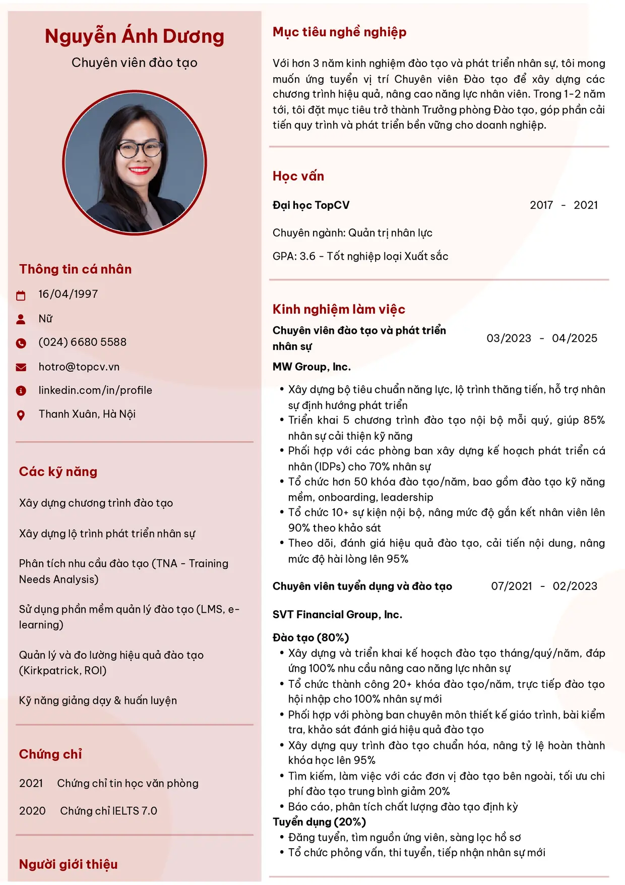 Mẫu CV xin việc Chuyên viên đào tạo