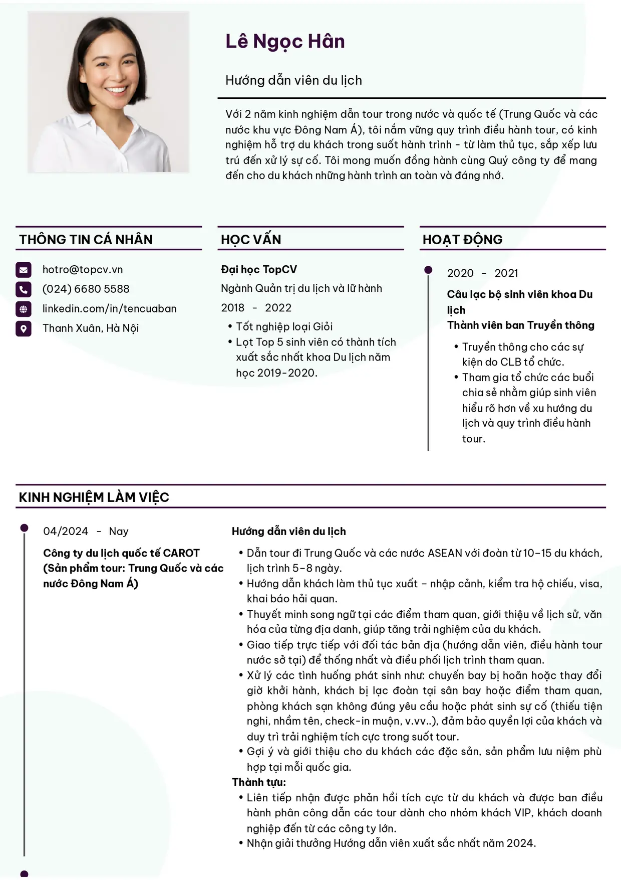 Mẫu CV Hướng dẫn viên du lịch style Thanh lịch