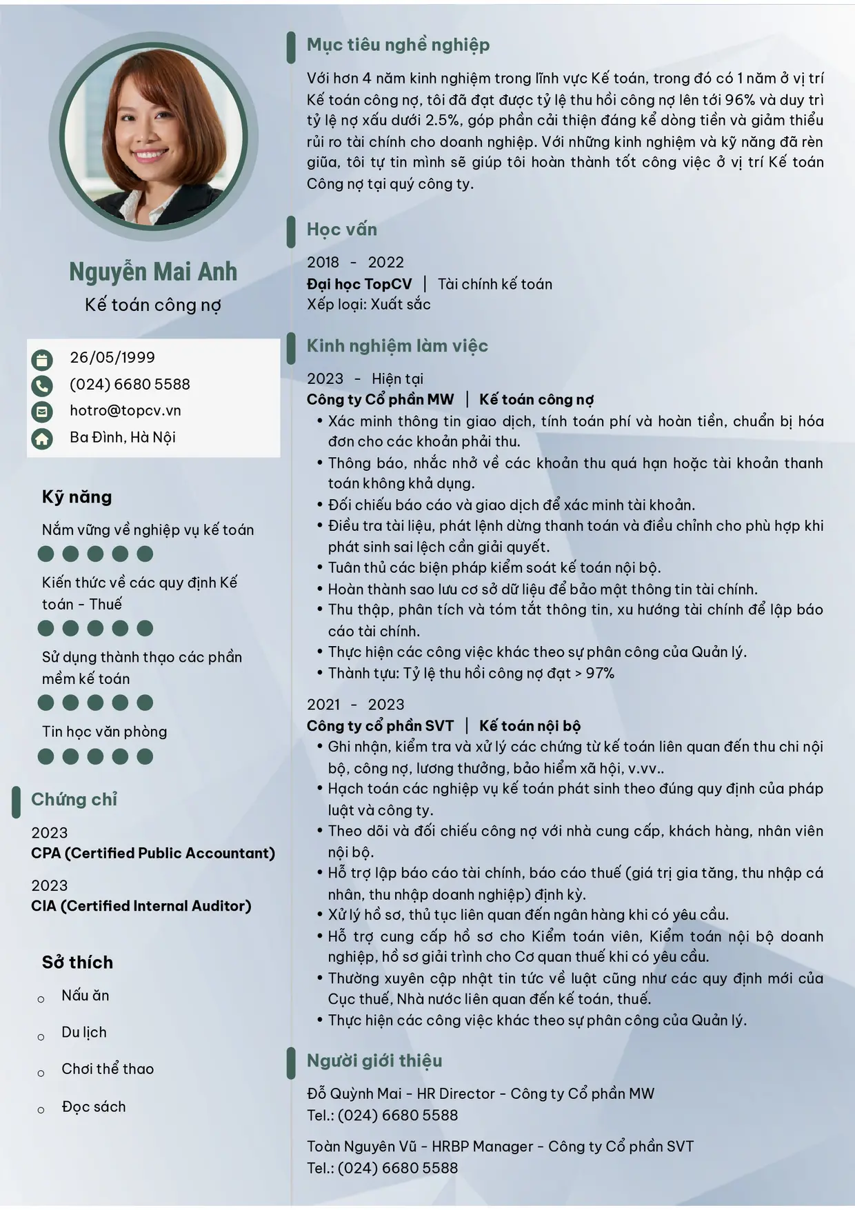 Mẫu CV Kế toán công nợ style Ấn tượng 4