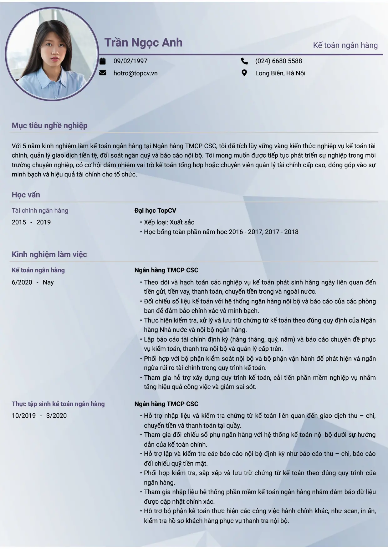 Mẫu CV xin việc Kế toán ngân hàng