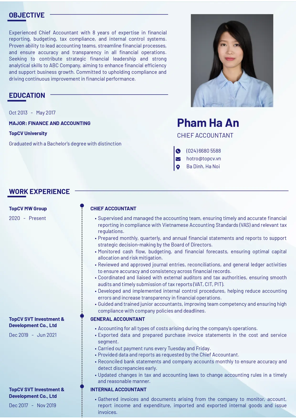 Mẫu CV xin việc Kế toán trưởng style Chuyên gia