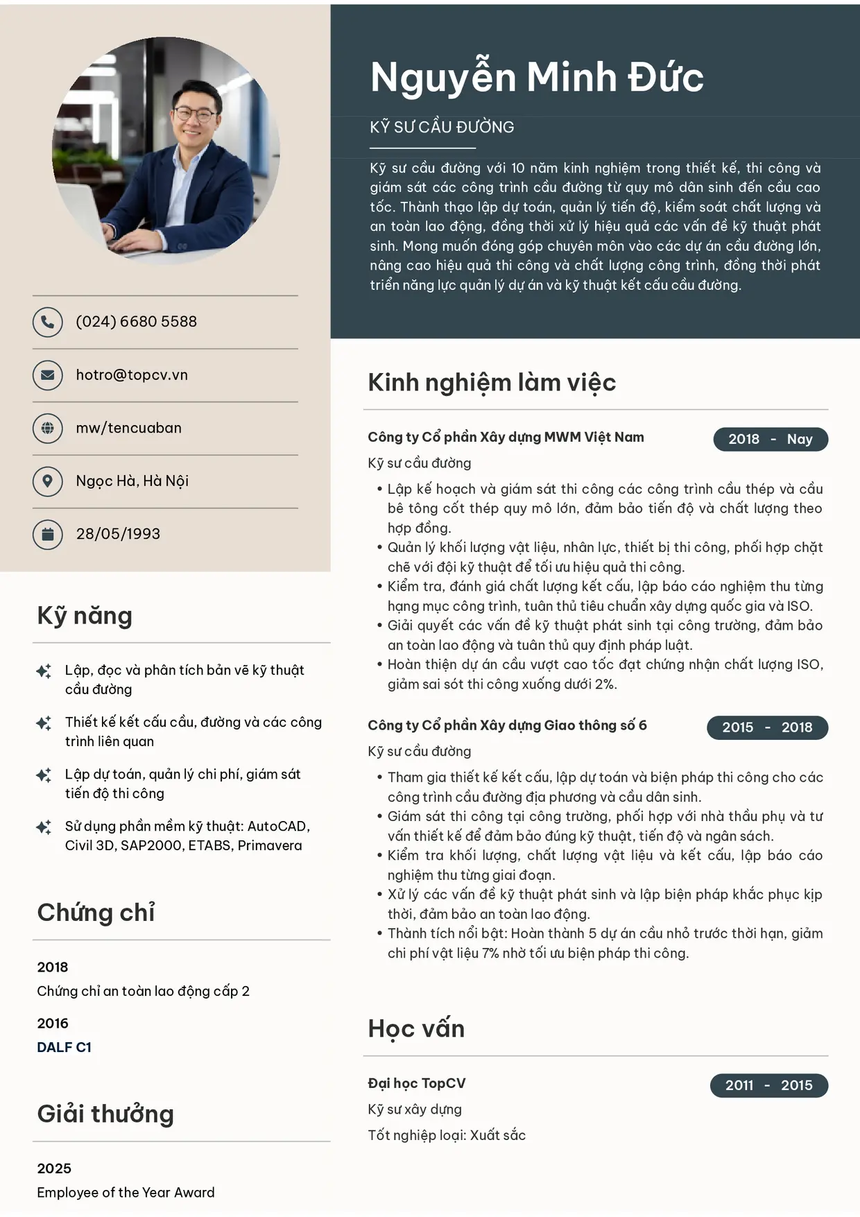 Mẫu CV xin việc Kỹ sư cầu đường