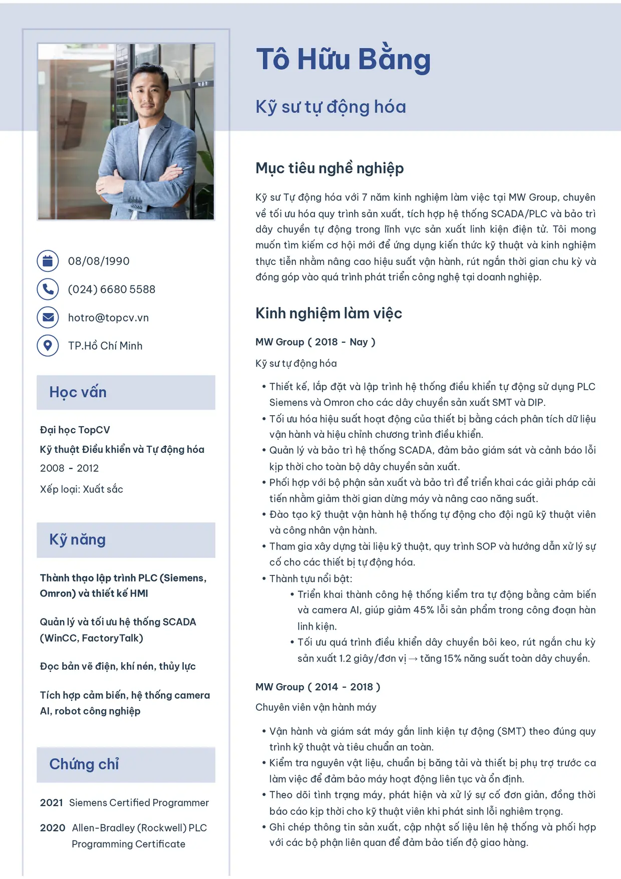 Mẫu CV Kỹ sư tự động hóa style Thanh nhã