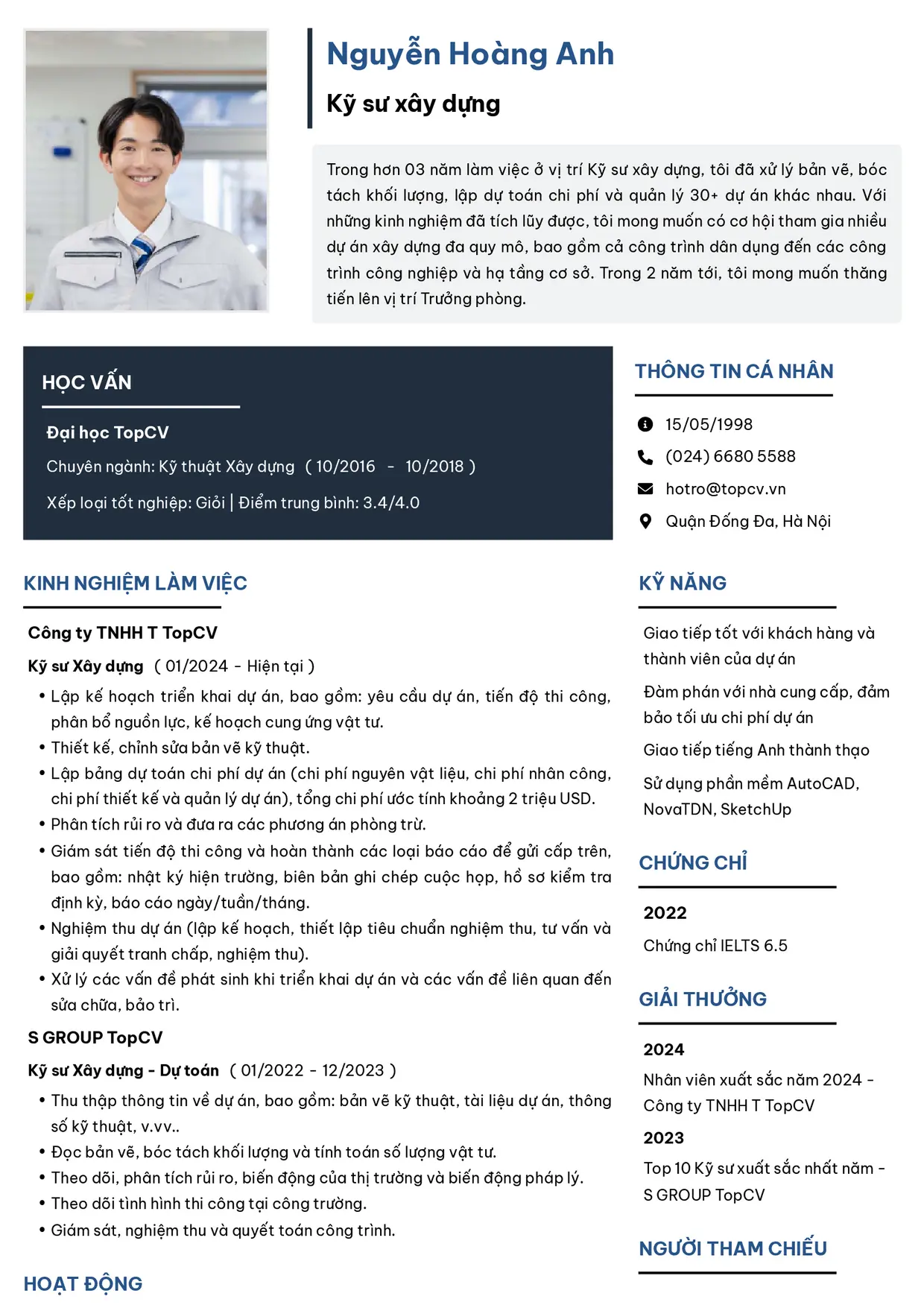 Mẫu CV xin việc Kỹ sư xây dựng style Tối giản 2
