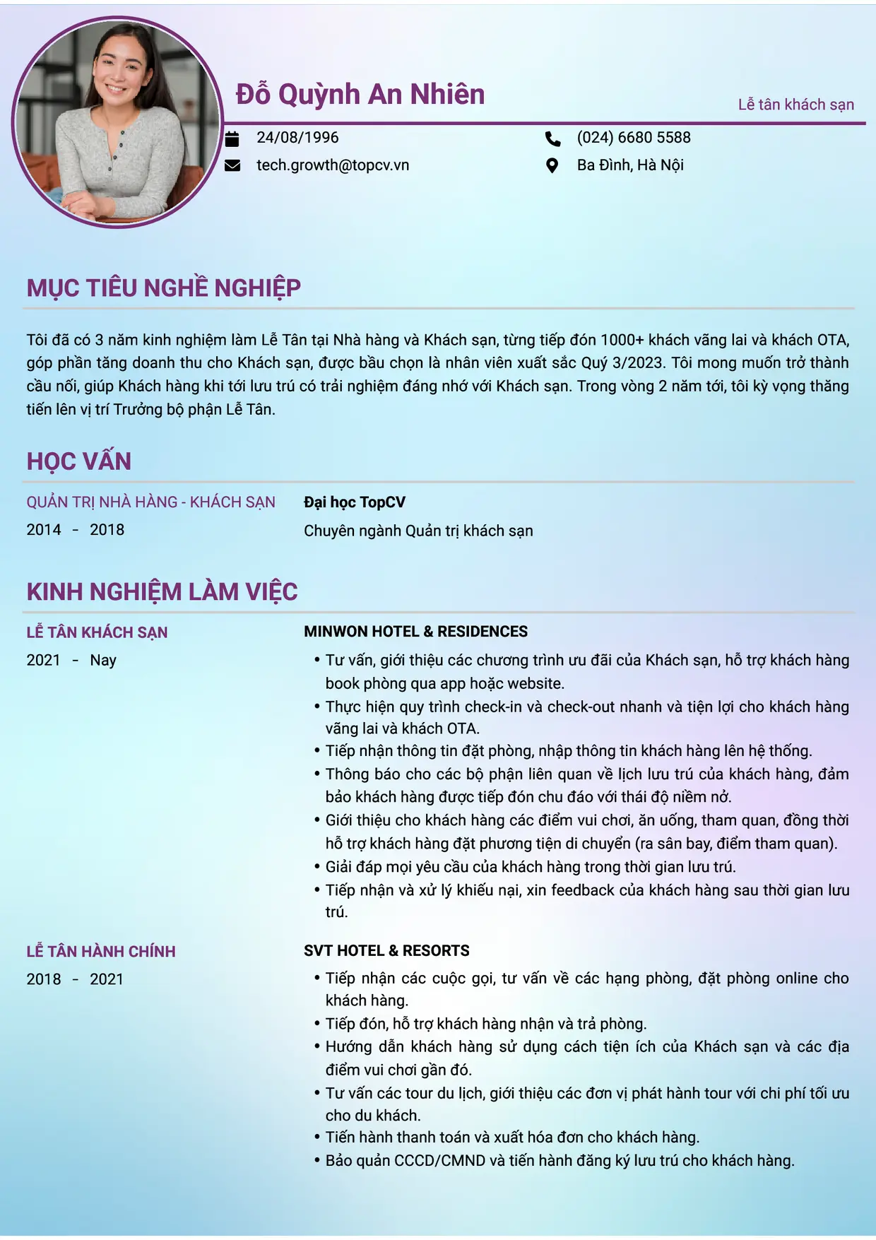 Mẫu CV xin việc Lễ tân khách sạn
