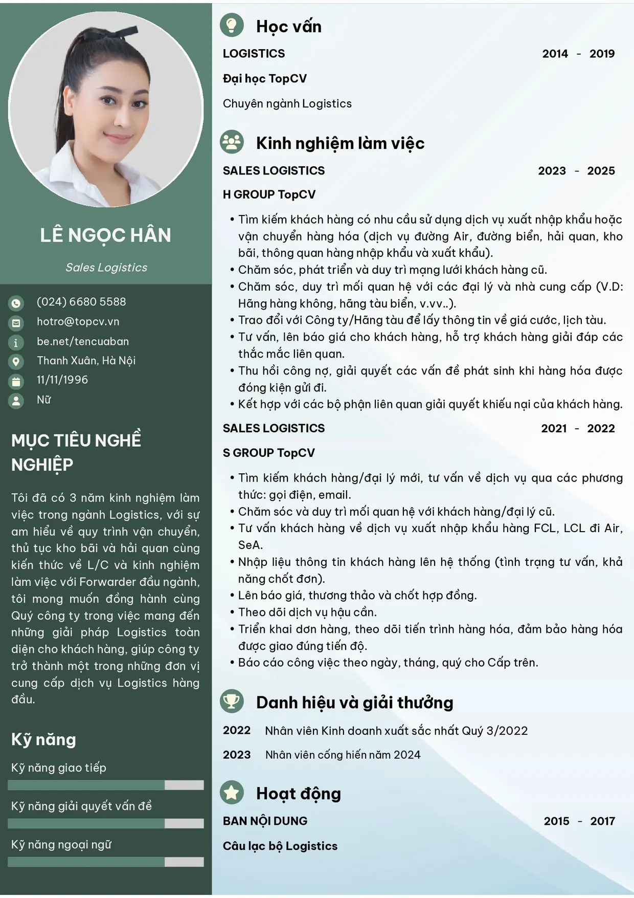 Mẫu CV xin việc Logistics Sales