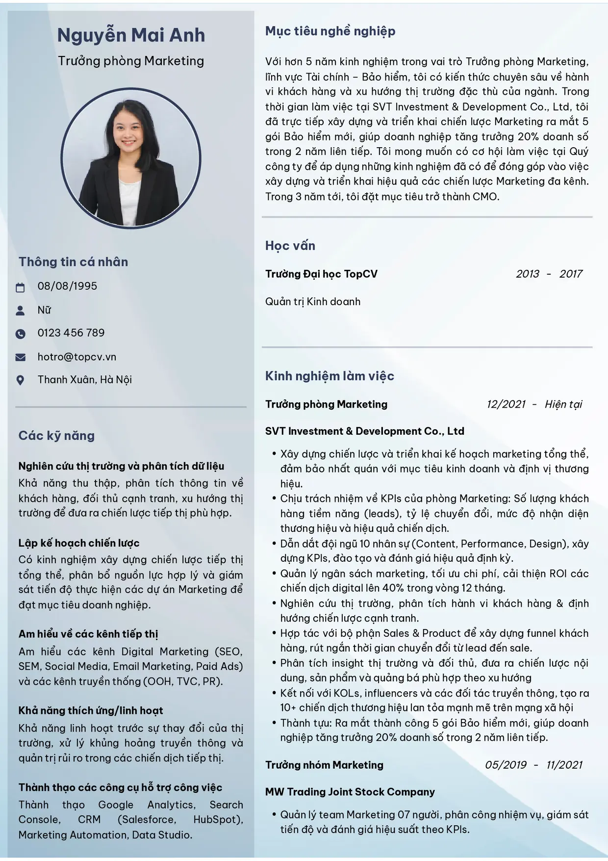 Mẫu CV xin việc Marketing Manager style Hiện đại 6