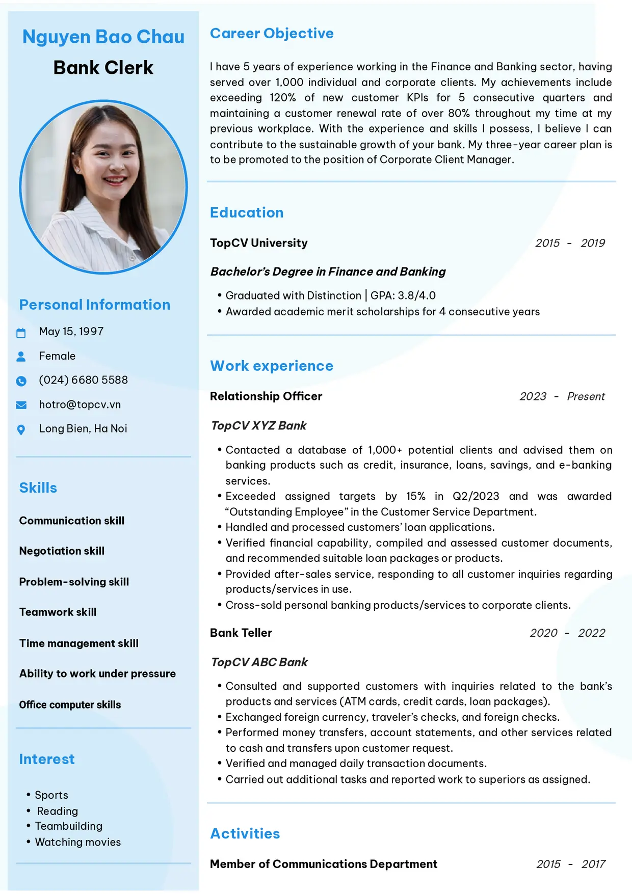 Mẫu CV xin việc Ngân hàng style Hiện đại 6