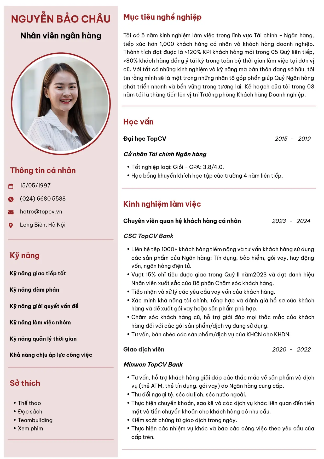 Mẫu CV xin việc Ngân hàng style Hiện đại 6