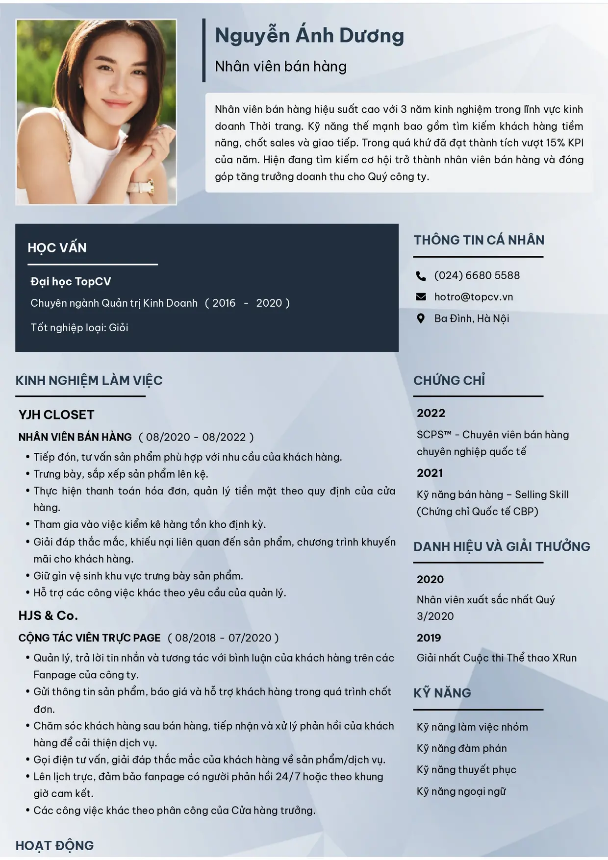 Mẫu CV xin việc Nhân viên bán hàng style Tối giản 2