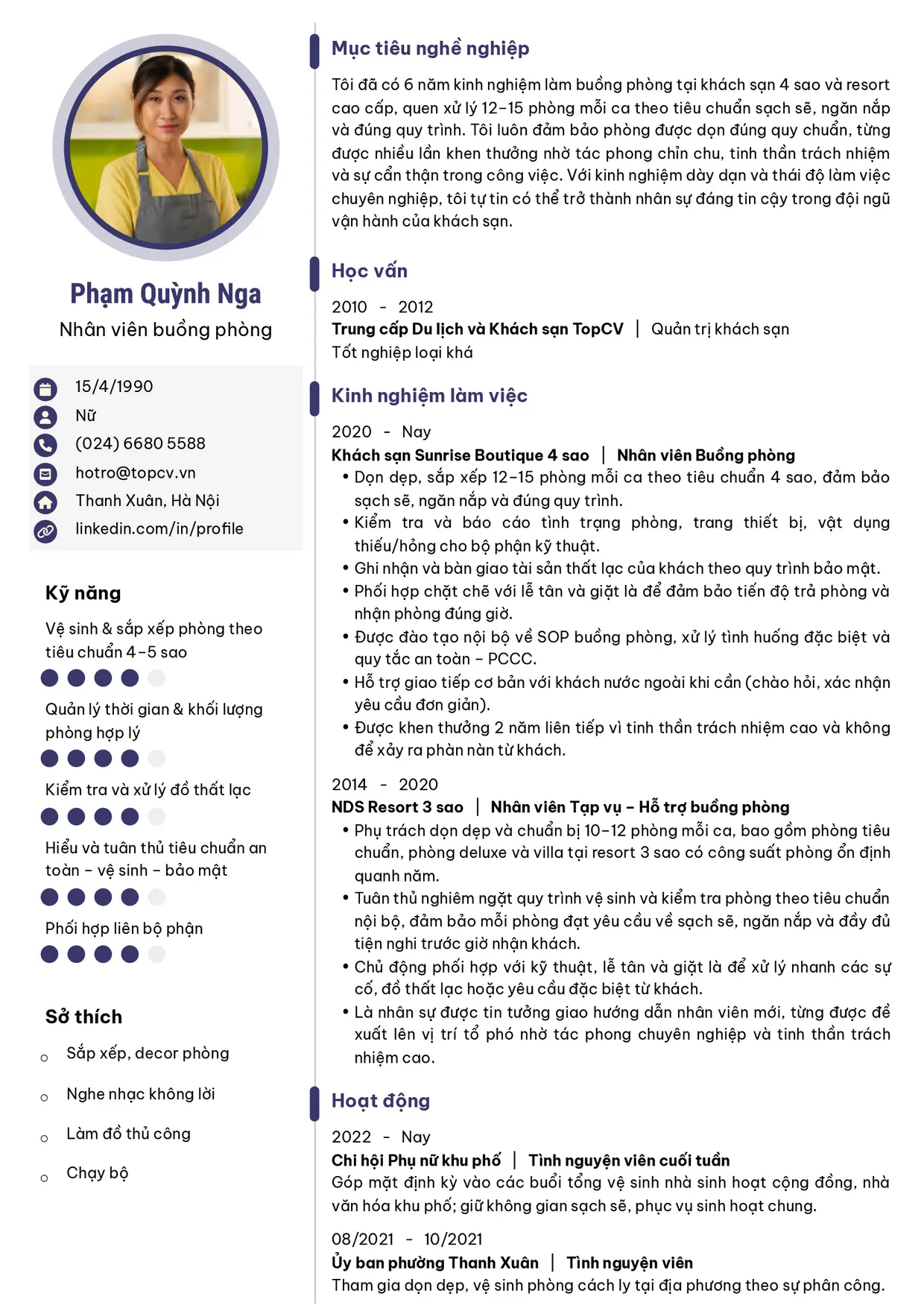 Mẫu CV Nhân viên buồng phòng style Ấn tượng 4