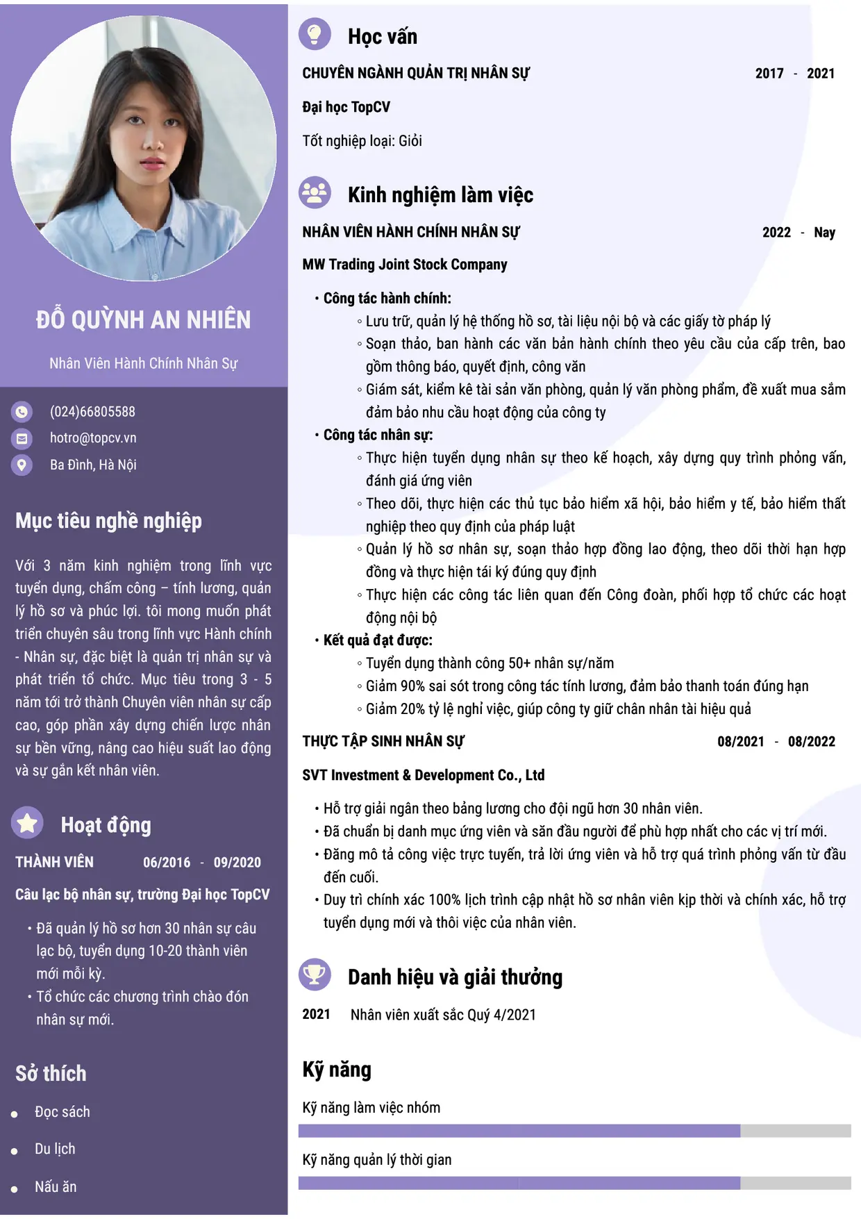 Mẫu CV xin việc Nhân viên hành chính nhân sự