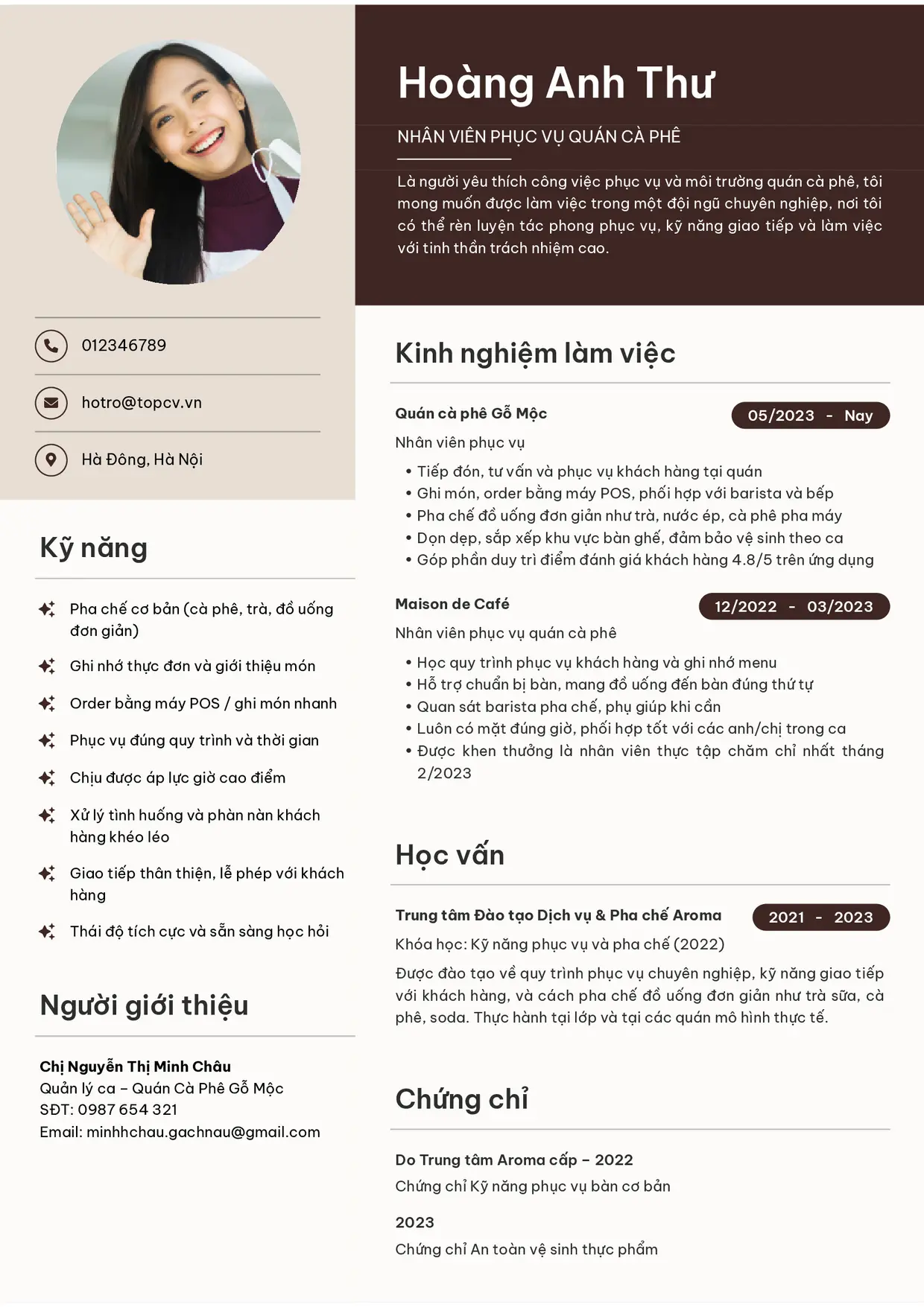 Mẫu CV xin việc Nhân viên phục vụ quán cà phê