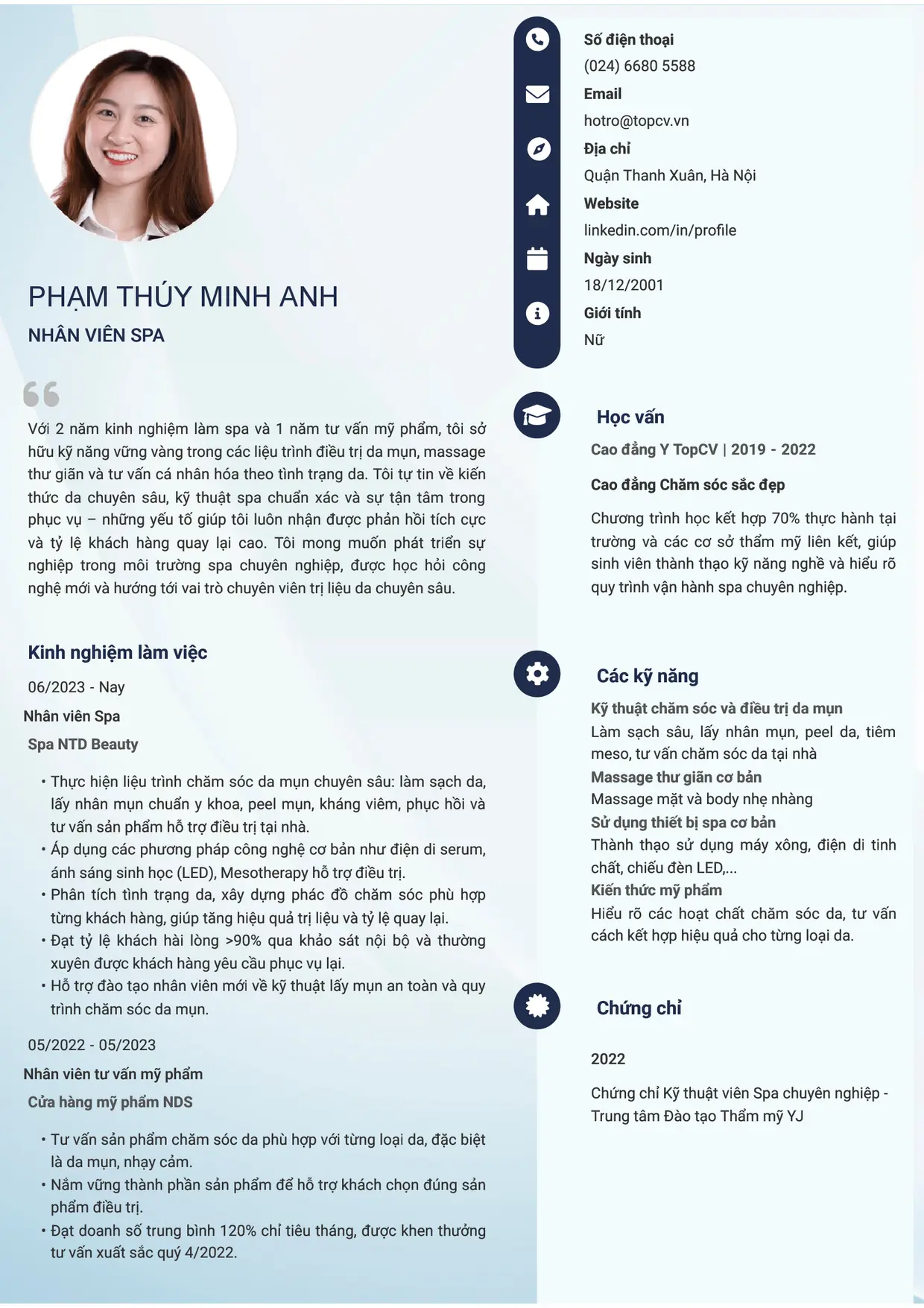 Mẫu CV xin việc Nhân viên Spa style Basic 4