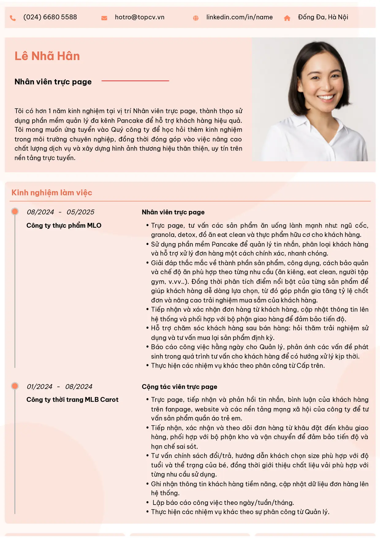 Mẫu CV Nhân viên trực page style Trang trọng