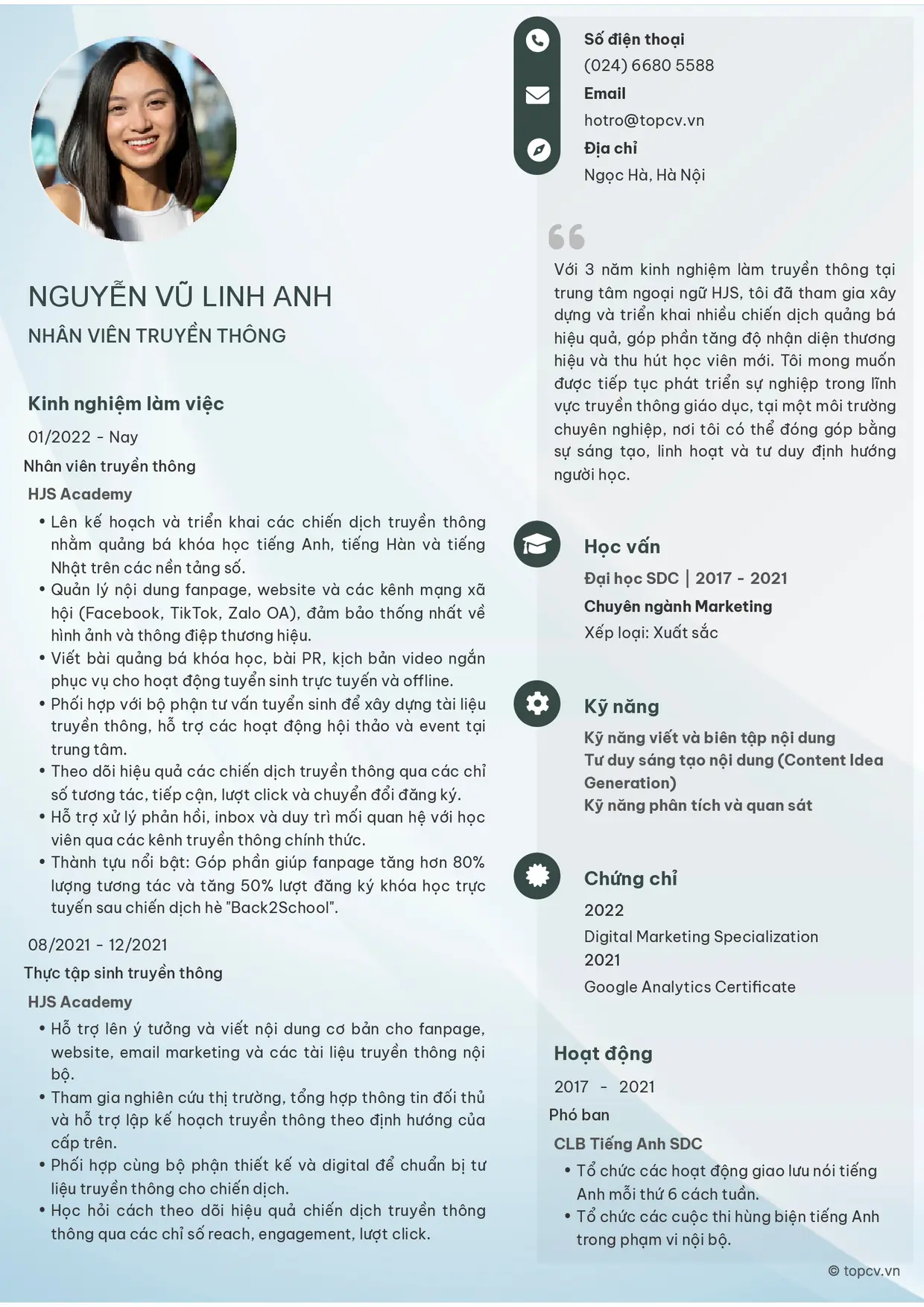Mẫu CV xin việc Nhân viên truyền thông