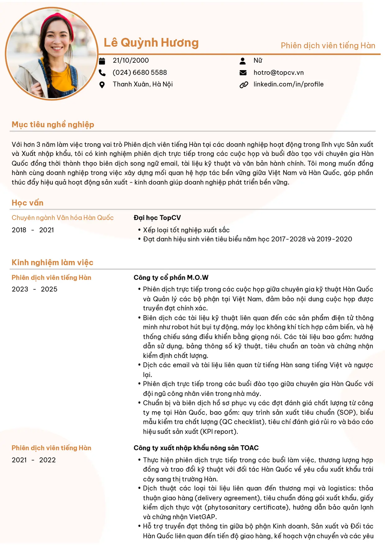 Mẫu CV xin việc Phiên dịch tiếng Hàn
