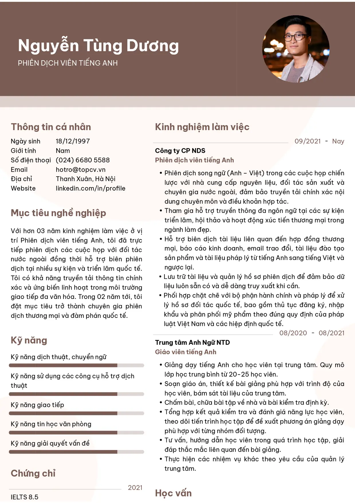 Mẫu CV xin việc Phiên dịch viên tiếng Anh