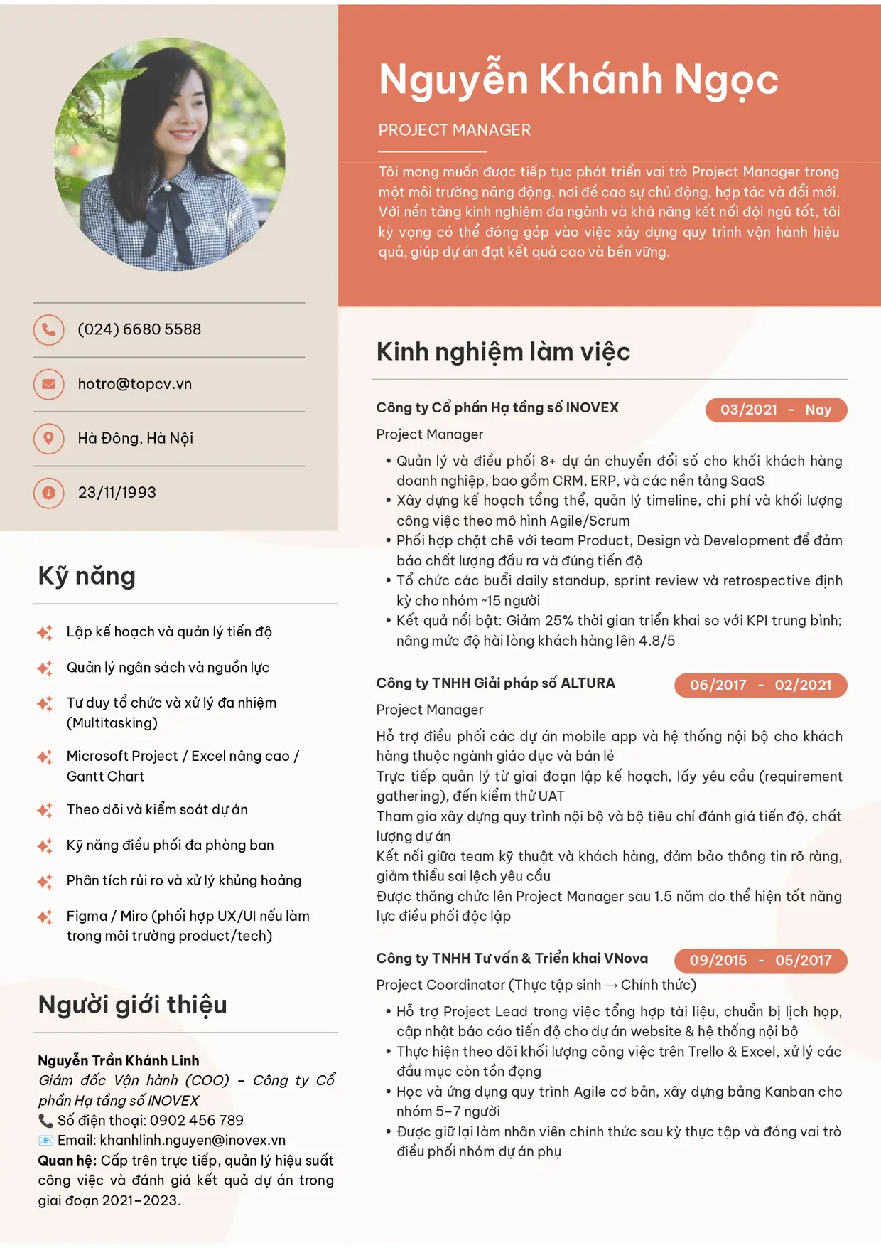 Mẫu CV xin việc Project Manager