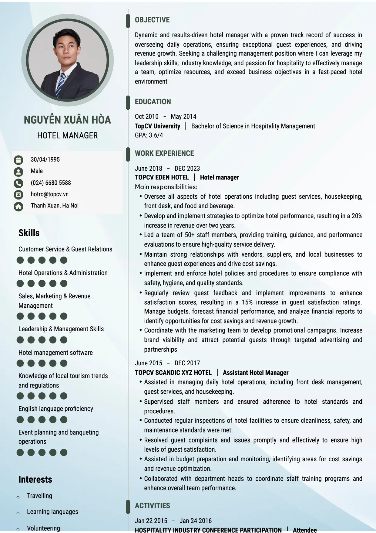 Mẫu CV xin việc Quản lý khách sạn style Ấn tượng 4