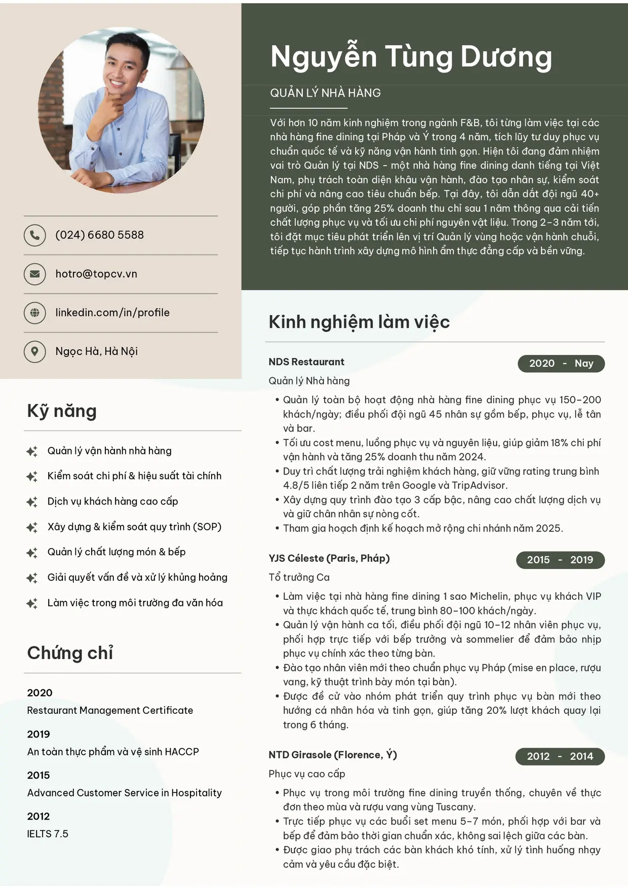 Mẫu CV xin việc Quản lý nhà hàng