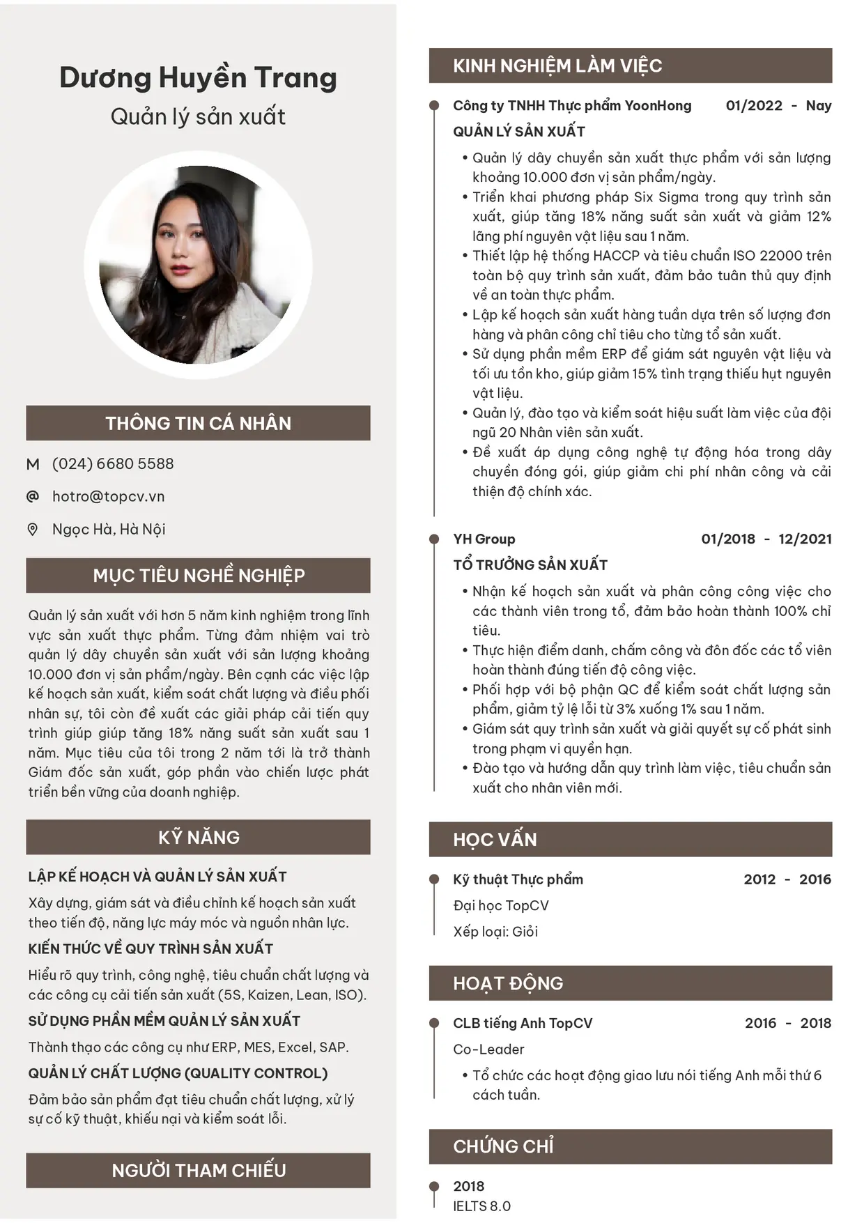 Mẫu CV xin việc Quản lý sản xuất