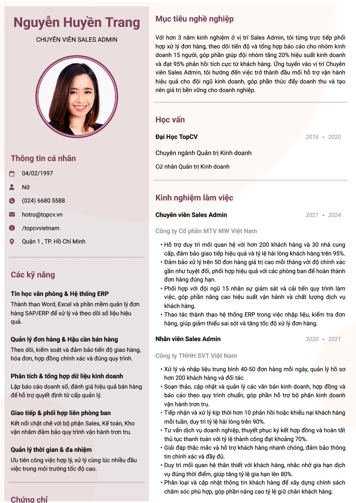 Mẫu CV xin việc Sales Admin/Sales Support/Sales Associate