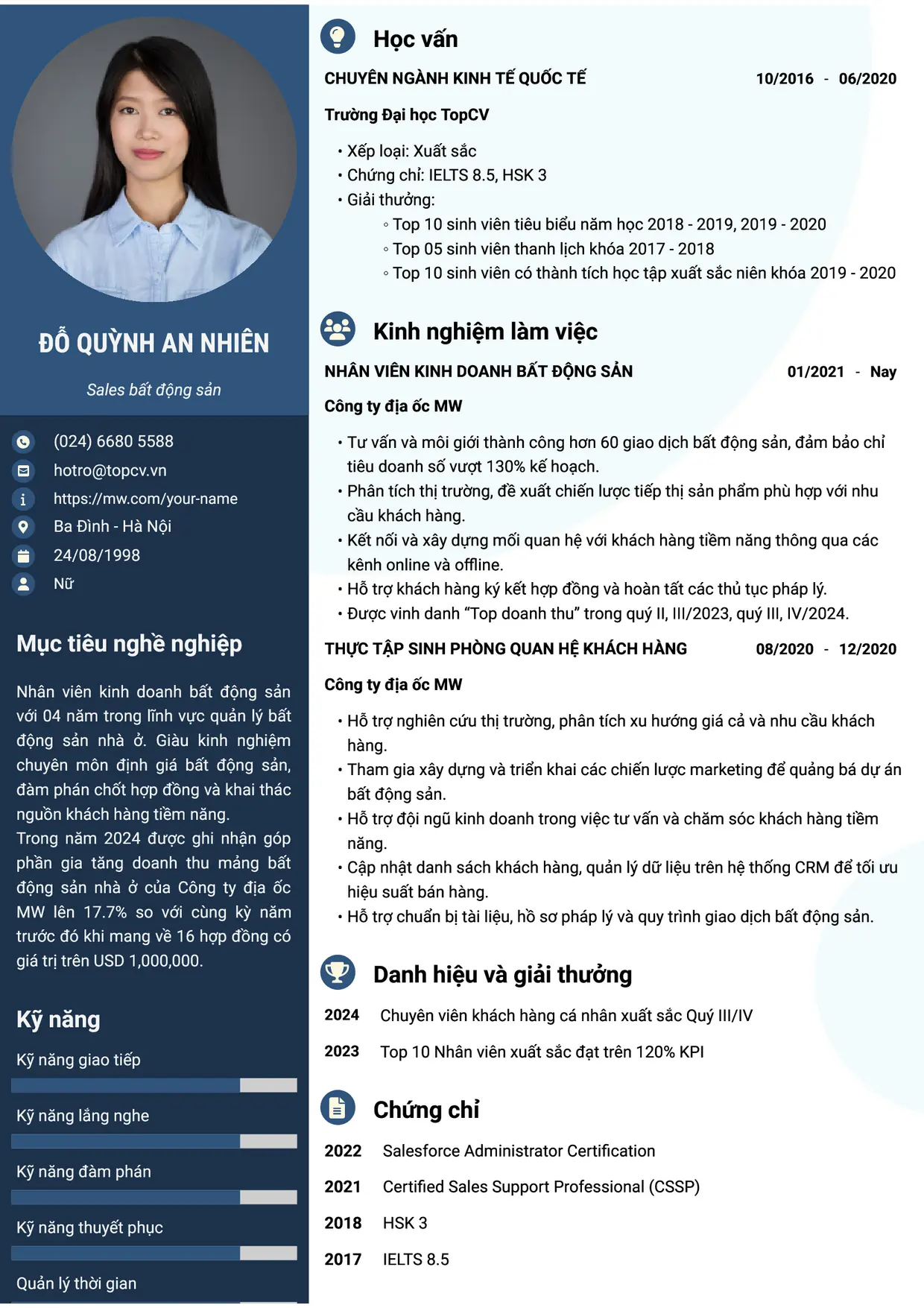Mẫu CV xin việc Sales bất động sản