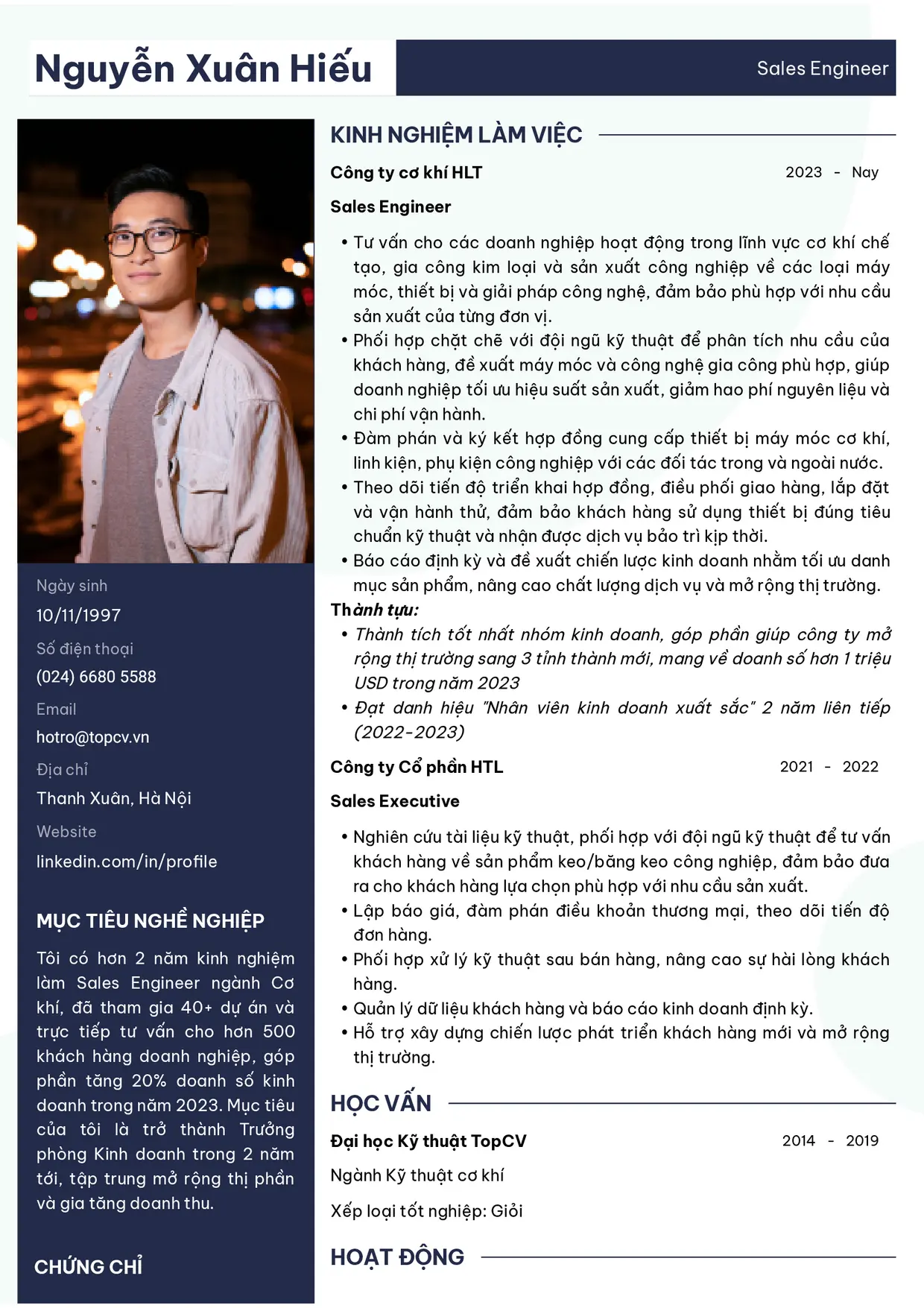 Mẫu CV xin việc Sales Engineer style Chuyên Nghiệp 1