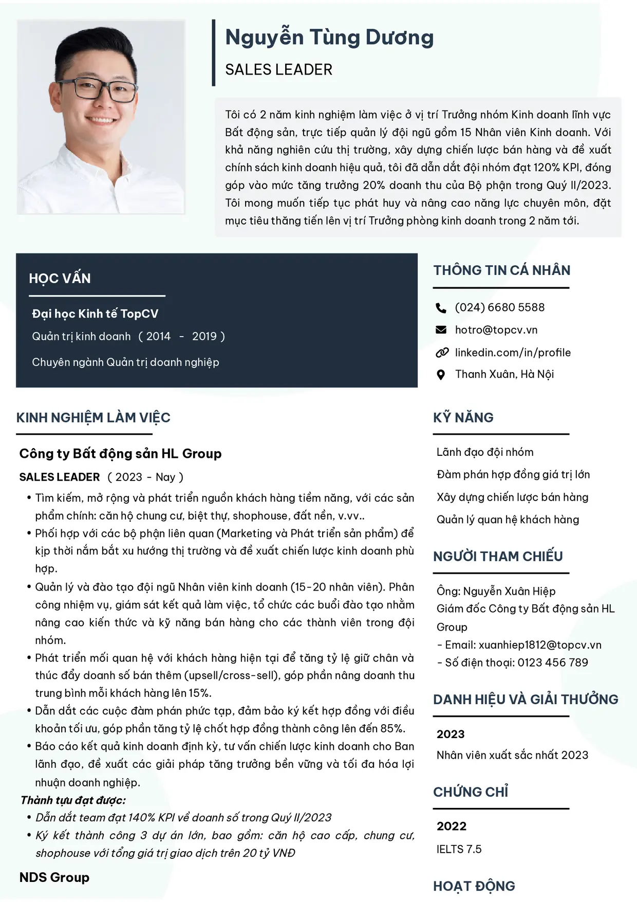 Mẫu CV xin việc Sales Leader (Trưởng nhóm kinh doanh) style Tối giản 2