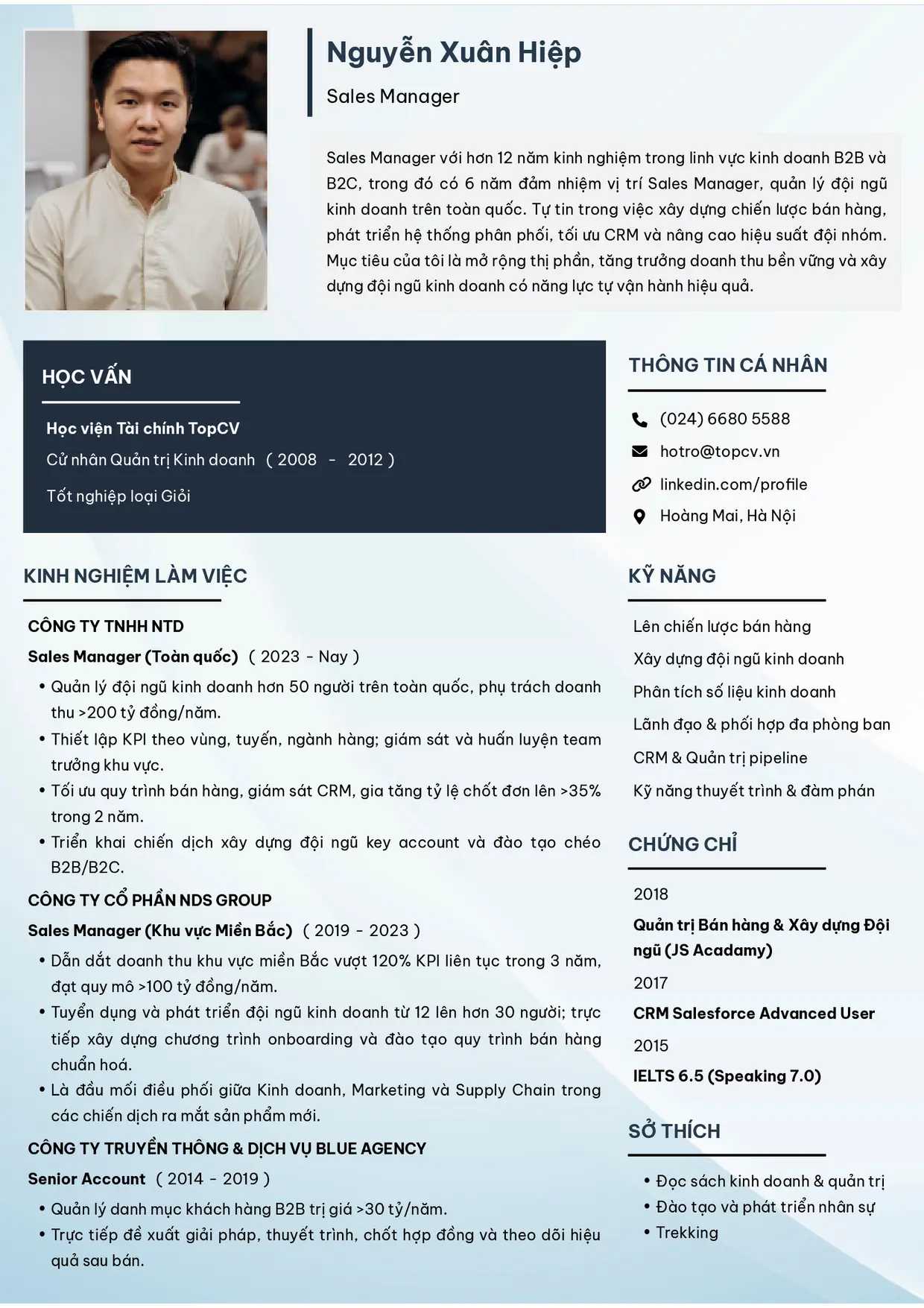 Mẫu CV xin việc Sales Manager