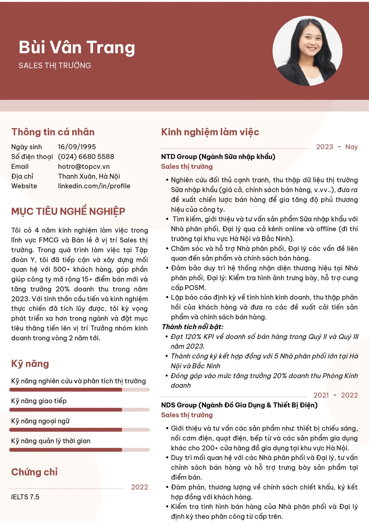 Mẫu CV xin việc Sales thị trường style Ấn tượng 3