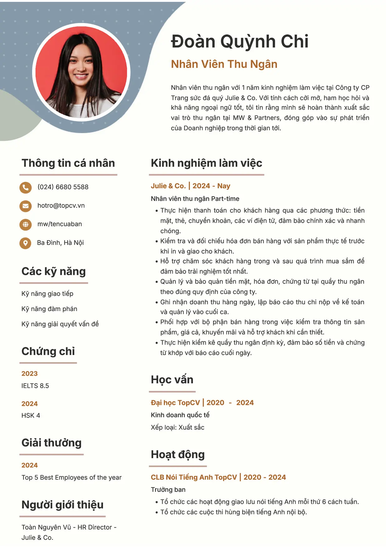 Mẫu CV xin việc Thu ngân