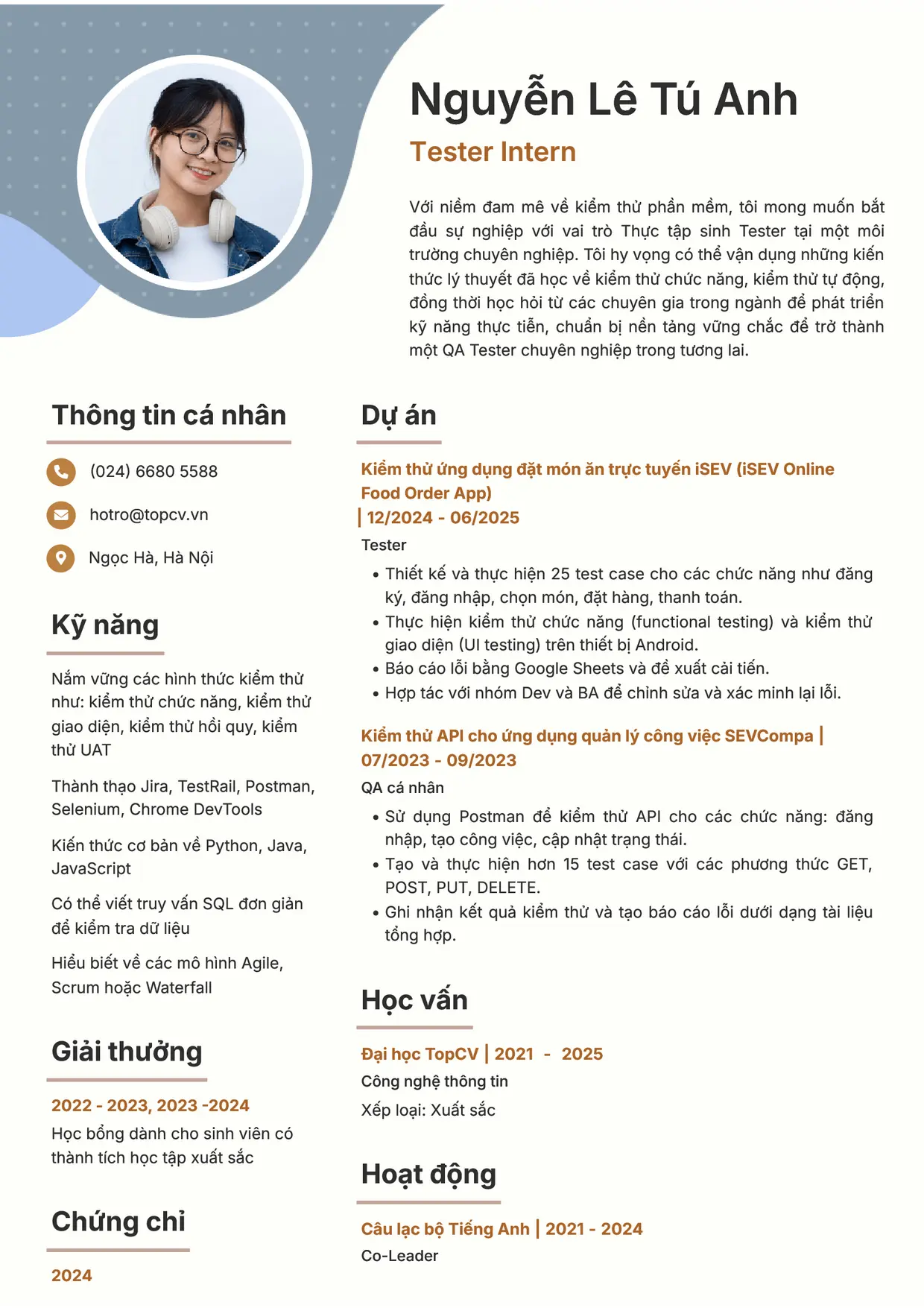 Mẫu CV xin việc Tester Intern