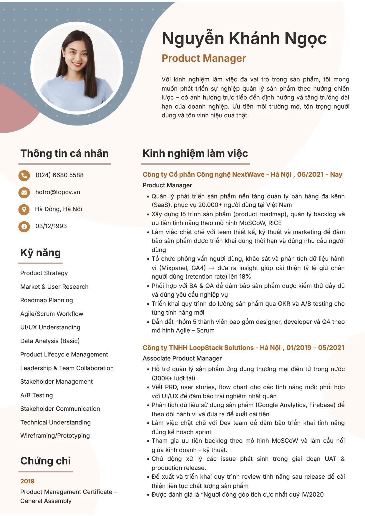 Mẫu CV xin việc Product Manager
