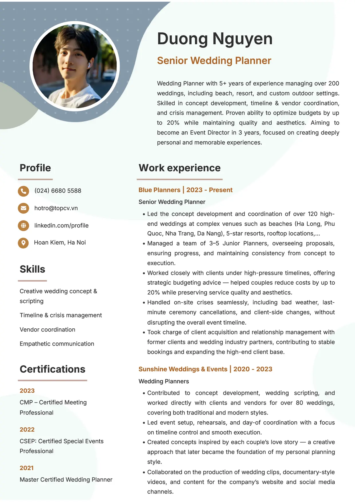 Mẫu CV xin việc Wedding Planner