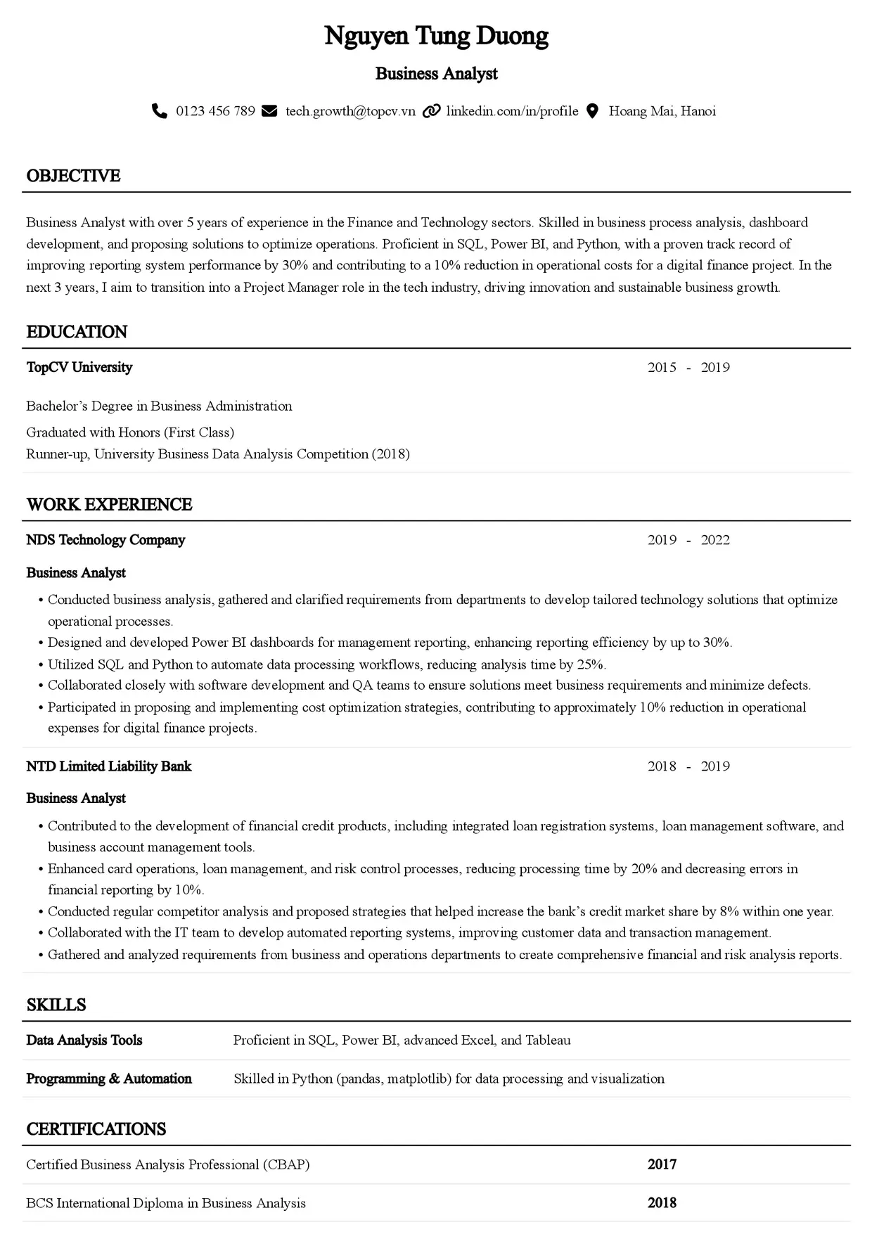 Mẫu CV xin việc tiếng Anh - Senior