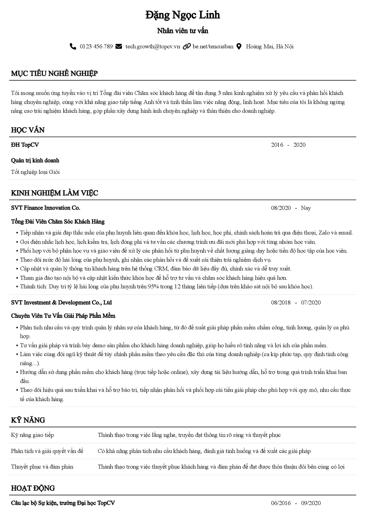 Mẫu CV xin việc Senior