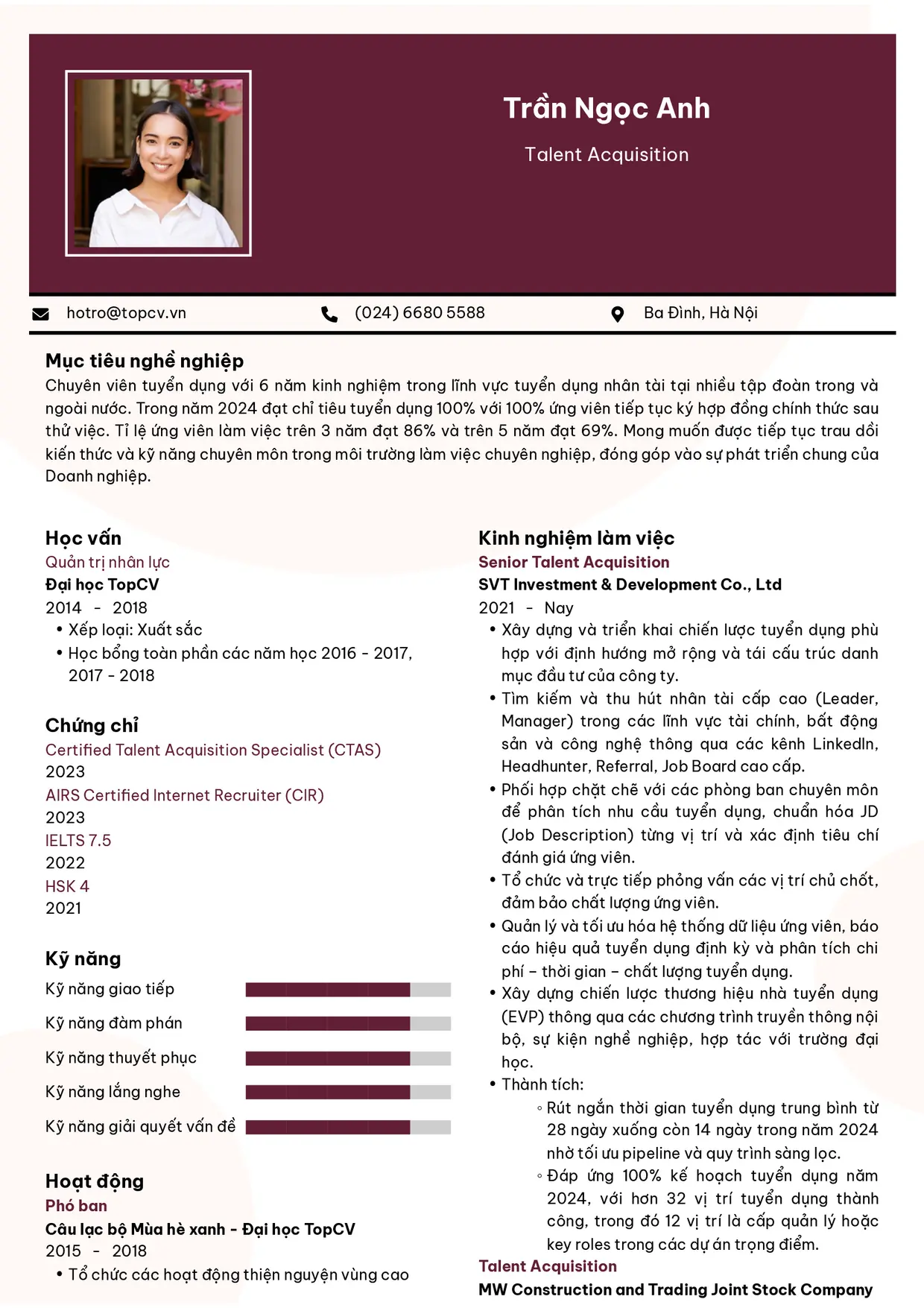 Mẫu CV xin việc Talent Acquisition