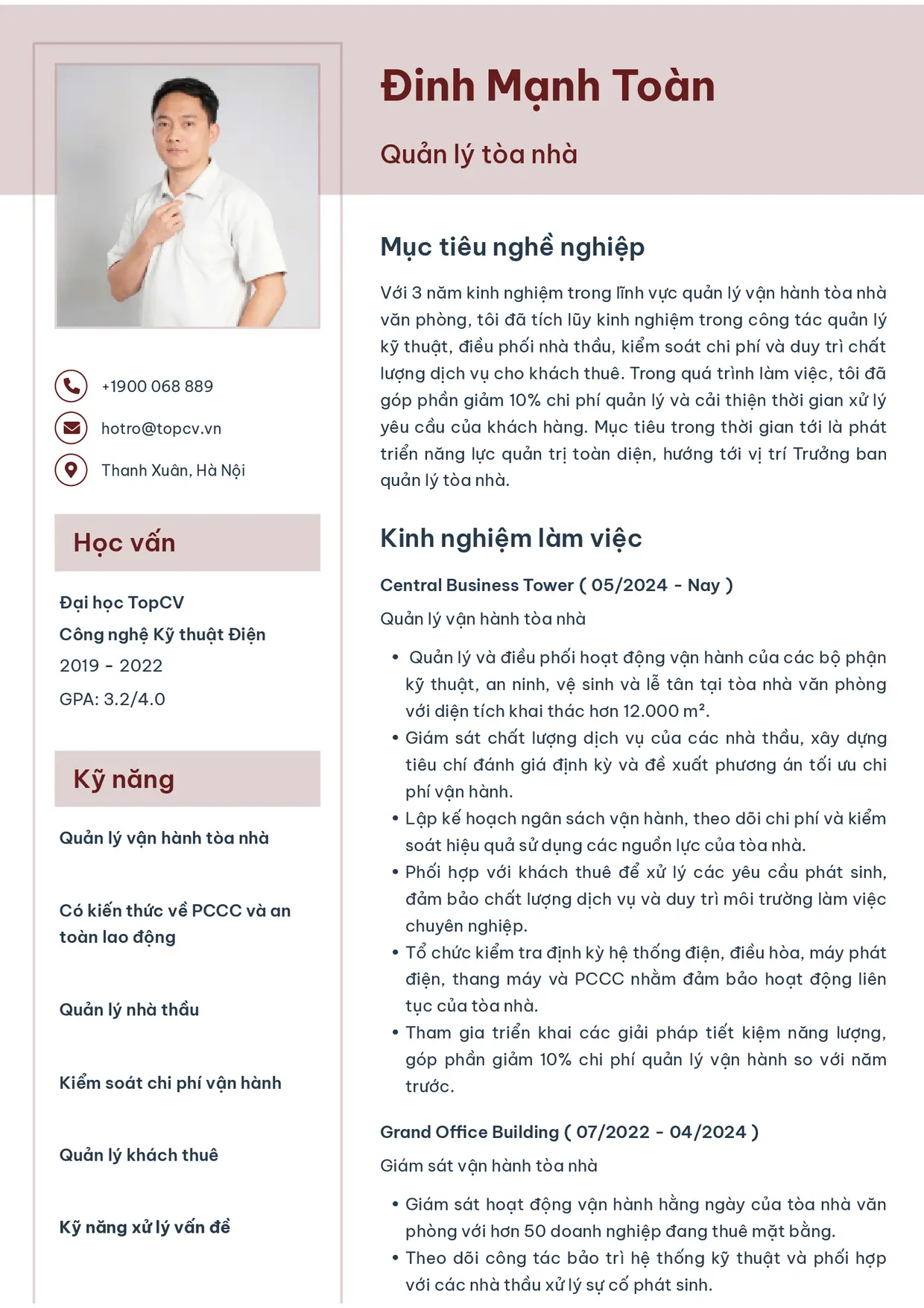 Mẫu CV xin việc Quản lý tòa nhà